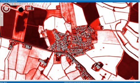 Remote sensing De NVDI bij Ezinge, hoe roder hoe lager de waarde